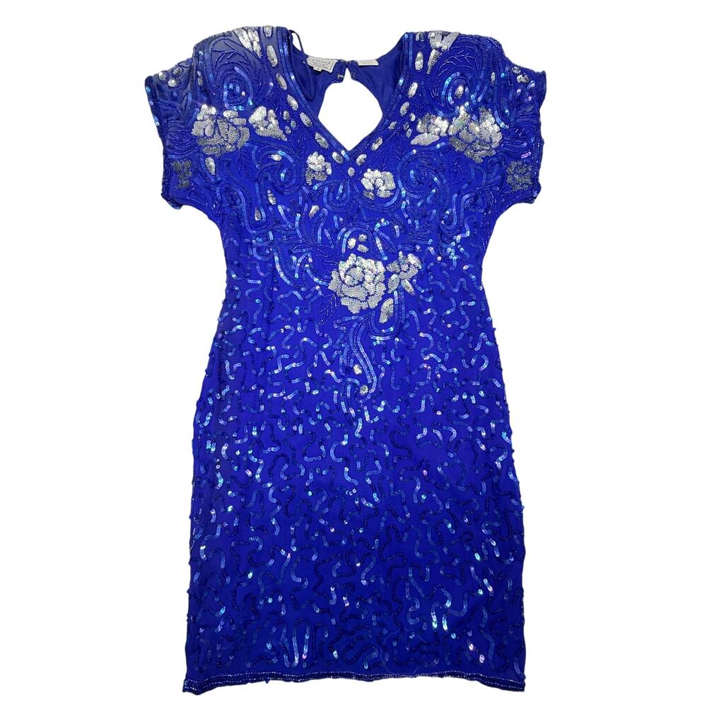 Especially Vintage Silk Sequin Beaded Dress 6 Royal Blue Floral Cocktail Party